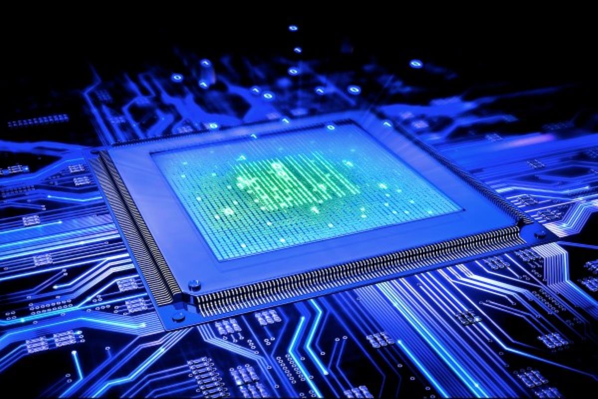 Processeur informatique pose sur une carte mere avec ses broches visibles