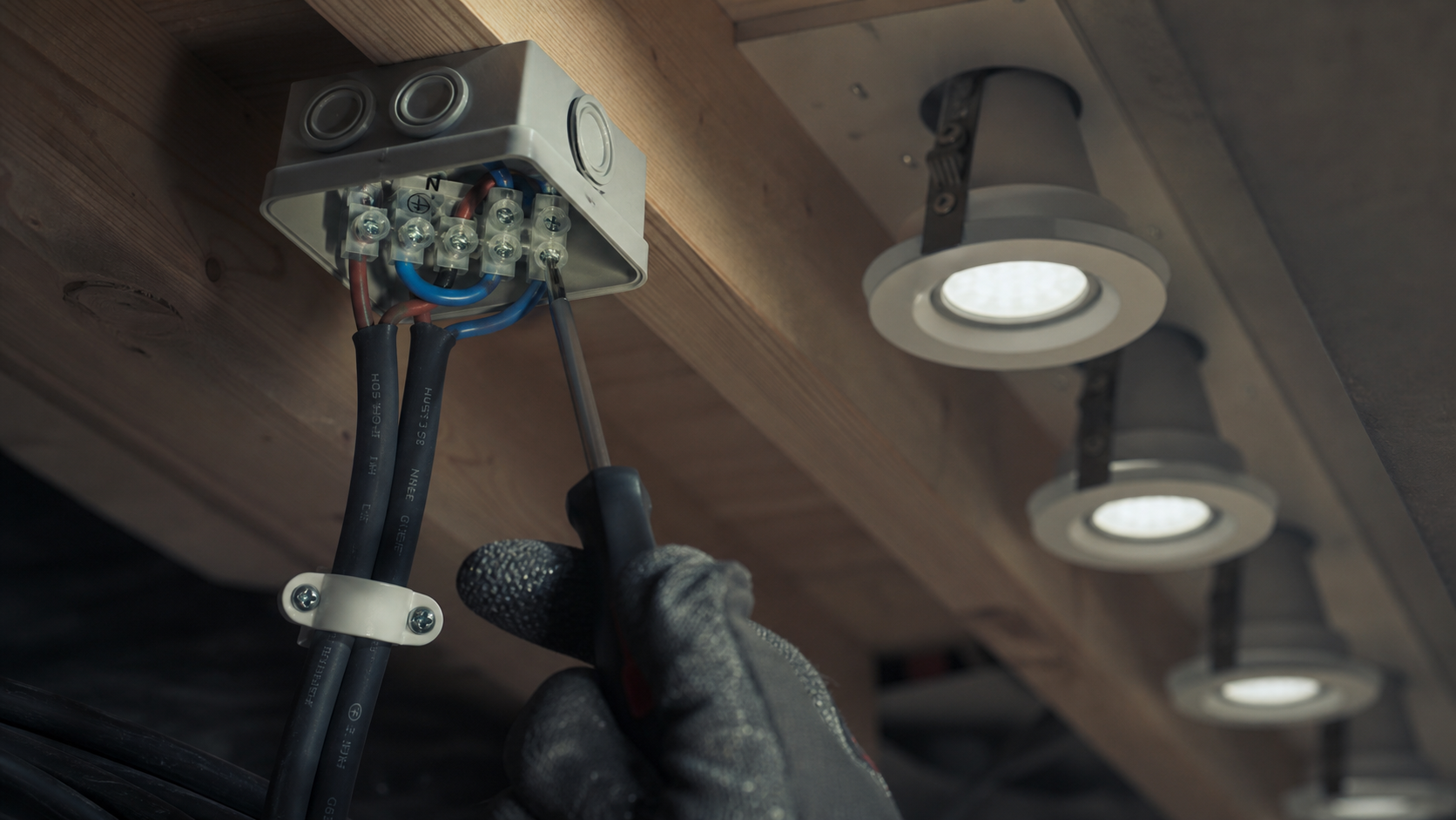 Branchement en parallèle de deux spots 12 V avec câbles, cosses et relais